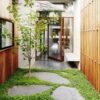 Bluestone stepping stones that form an outdoor pathway.